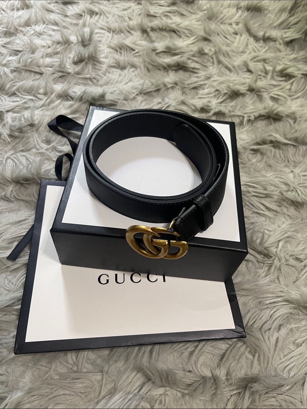 GG Black Leather Belt with Gold Buckle